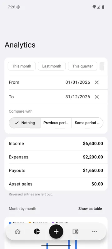 Estatitfy Android app: analytics with period presets, a date range and a comparison with a previous period.