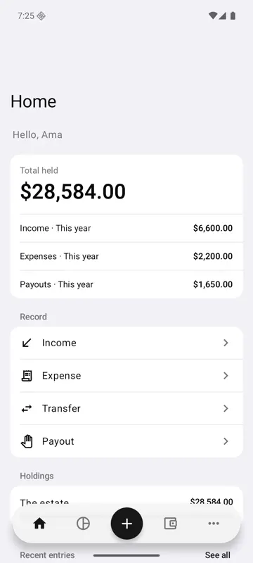 Estatitfy Android app: home screen with the total held, this year’s income, expenses and payouts, and buttons to record an entry.