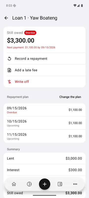 Estatitfy Android app: a loan with the amount still owed, an overdue instalment and the repayment plan.